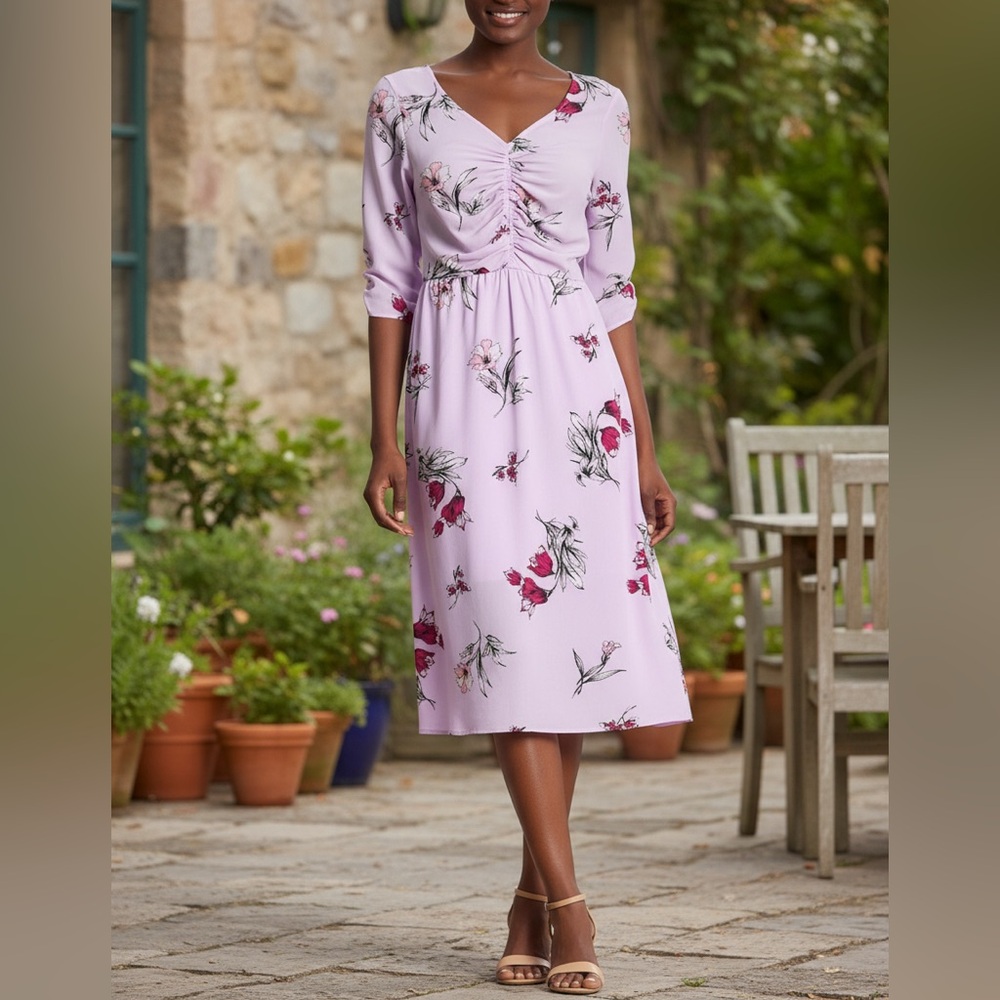 BOBEAU Lavender Floral Ruched Long Sleeve Dress